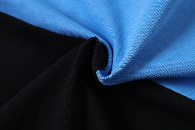 Men's Long Sleeve Rugby Polo Shirt – Black & Blue Colorblock Lace-Up Collar with