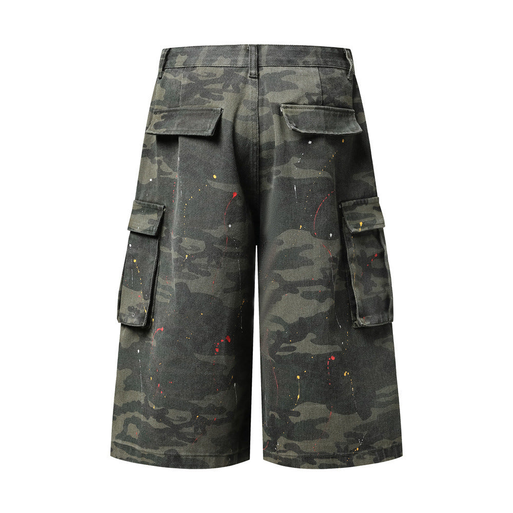 Camo Cargo Shorts – Paint Splatter Multi-Pocket Wide-Leg