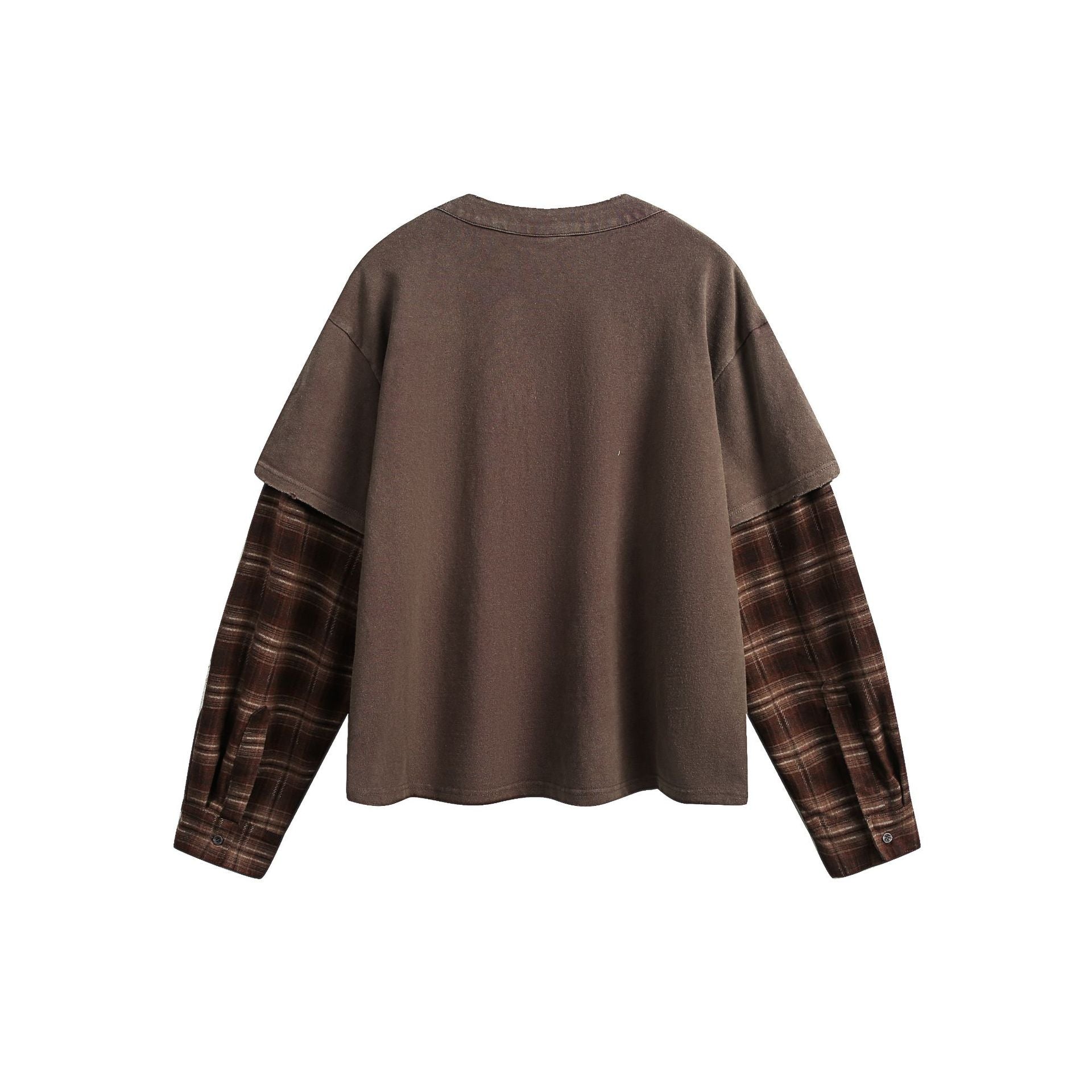 T-shirt Henley manches longues à effet superposé, à carreaux et délavé – Chemise streetwear oversize