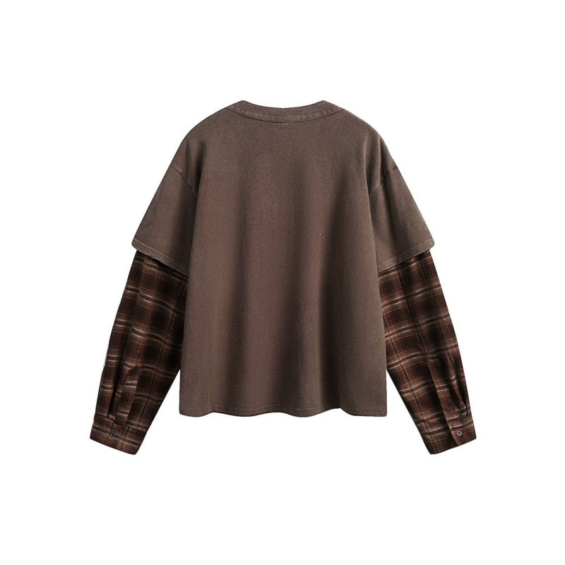 T-shirt Henley manches longues à effet superposé, à carreaux et délavé – Chemise streetwear oversize