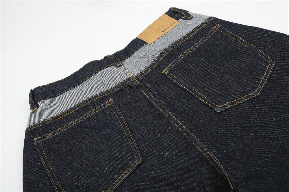 Men's Contrast Patchwork Denim Shorts Wide-Leg Button-Fly Bermuda