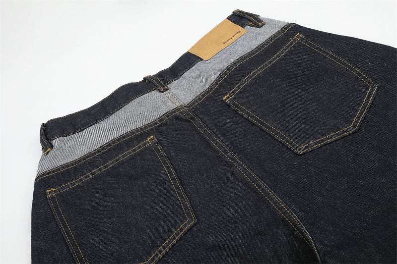 Men's Contrast Patchwork Denim Shorts Wide-Leg Button-Fly Bermuda