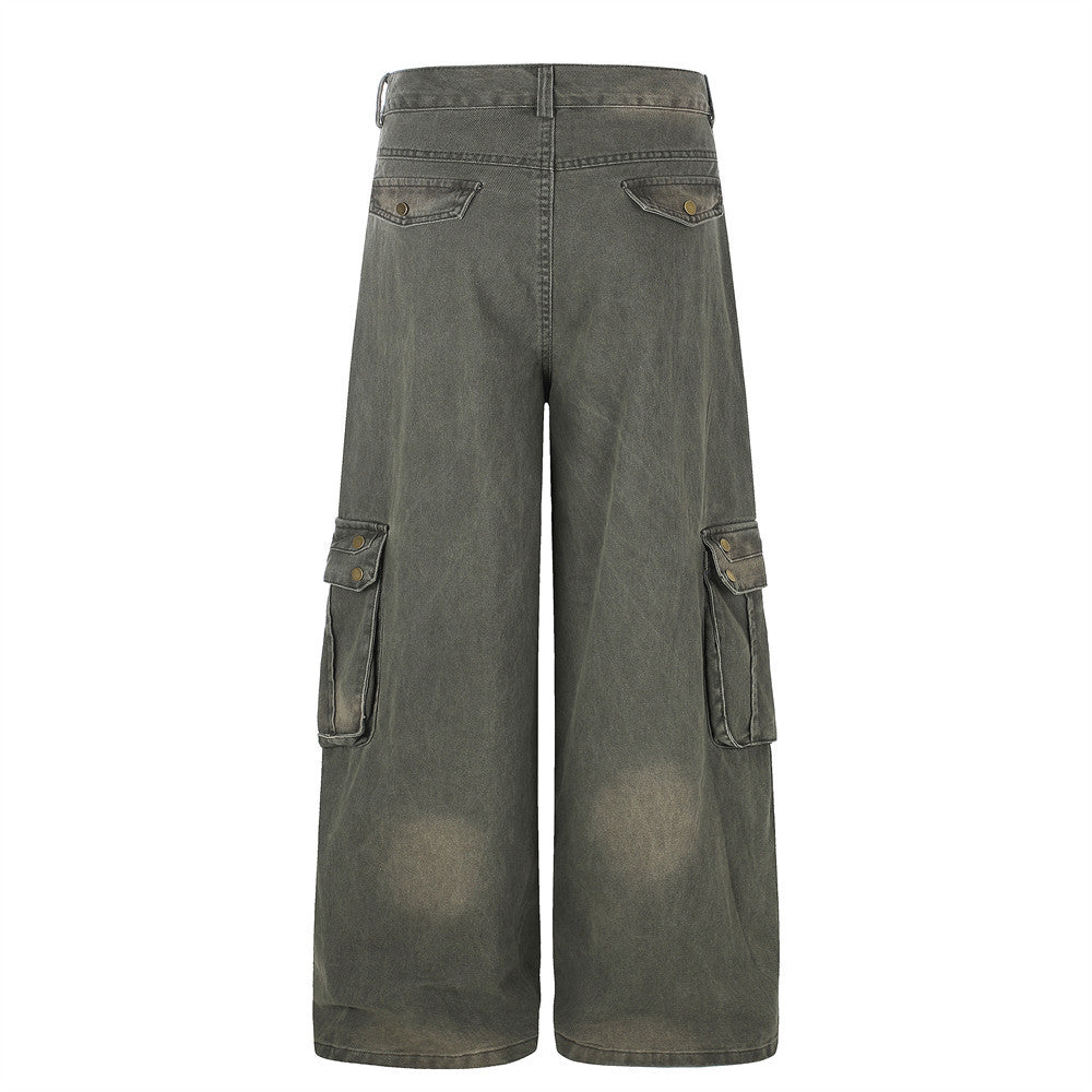 Wide-Leg Cargo Pants – Washed Denim Multi-Pocket Straight-Cut Trousers
