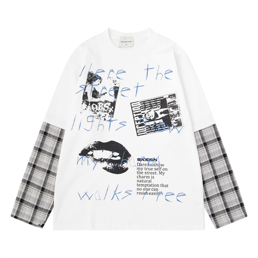 Oversized long-sleeve graphic tee with plaid spliced sleeves and grunge print in white and black colorways