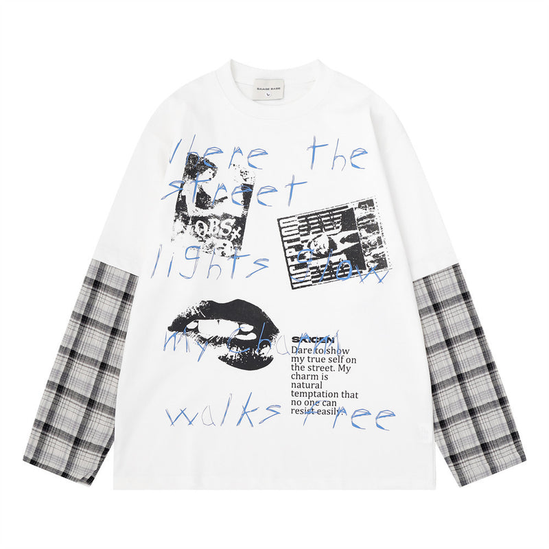 Oversized long-sleeve graphic tee with plaid spliced sleeves and grunge print in white and black colorways