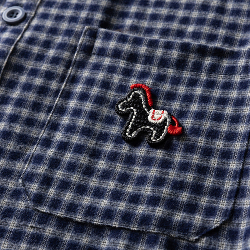 Men's Plaid Flannel Oversized Button-Down Shirt with Embroidered Pocket Patch