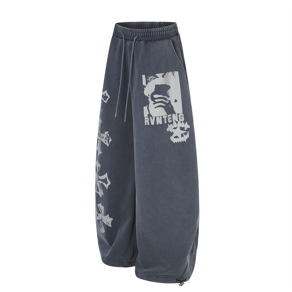 Wide-Leg Sweatpants with Vintage Cross Print & Acid Wash Finish