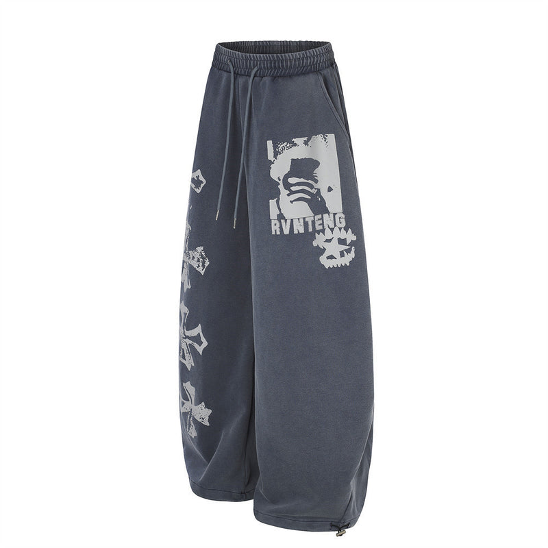Wide-Leg Sweatpants with Vintage Cross Print & Acid Wash Finish