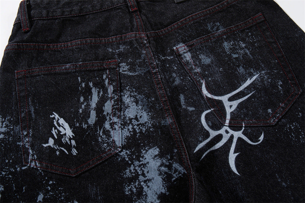 Tribal Print Baggy Jeans – Black Distressed Wide-Leg Denim