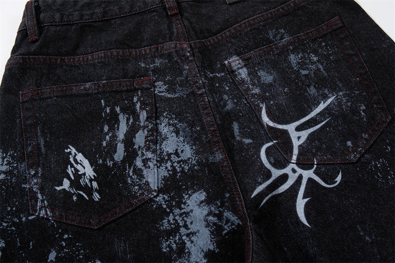 Tribal Print Baggy Jeans – Black Distressed Wide-Leg Denim