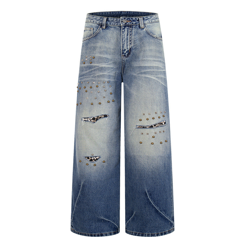 Wide-Leg Distressed Jeans with Studs & Leopard Patches — Men's American Street
