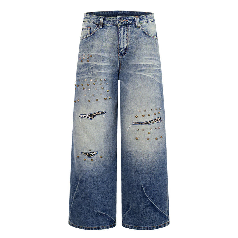 Wide-Leg Distressed Jeans with Studs & Leopard Patches — Men's American Street