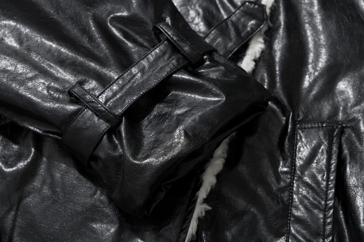 Sherpa Lined Leather Jacket – Black Faux Leather Cropped Bomber with Fleece
