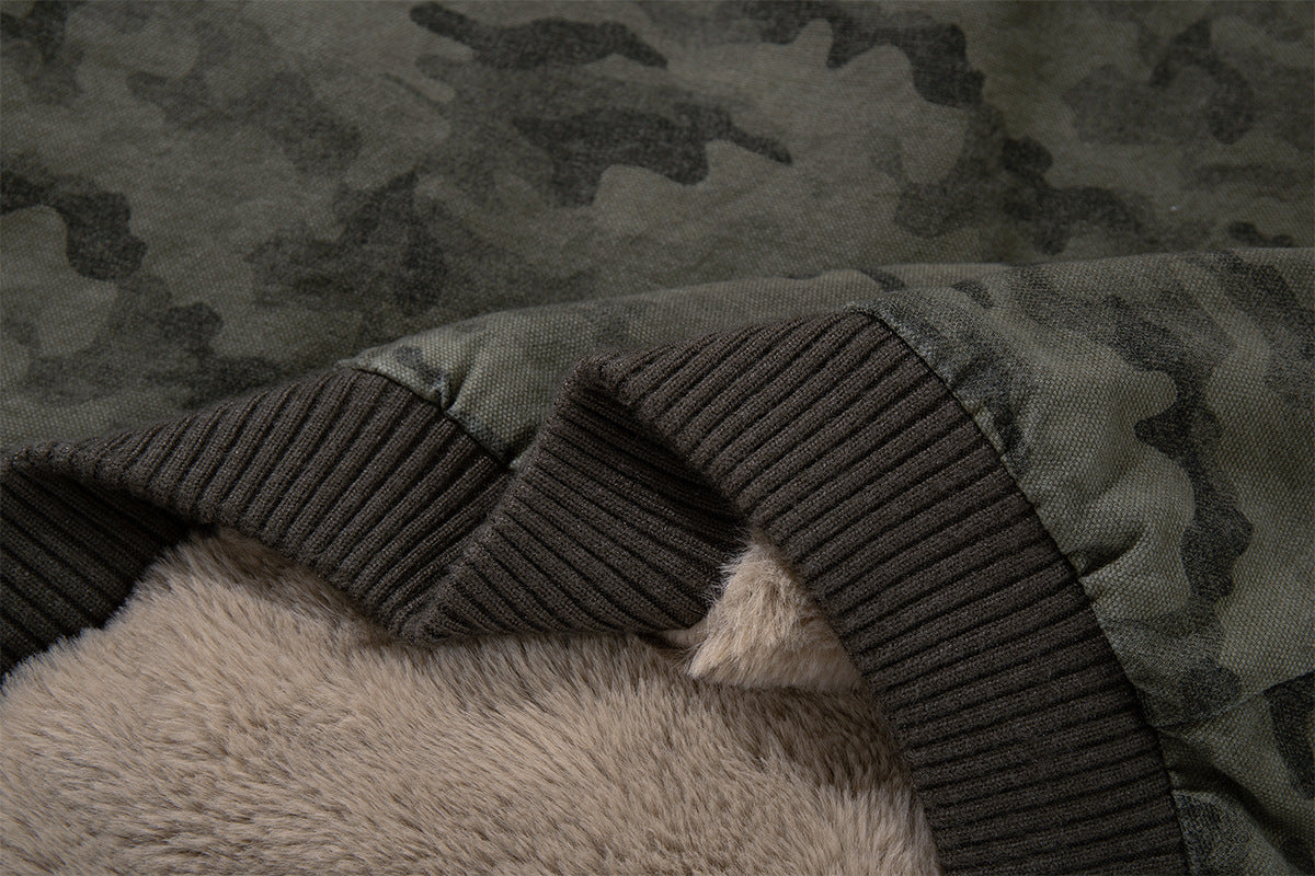Camo Sherpa-Lined Hooded Bomber Jacket with Studded Hood