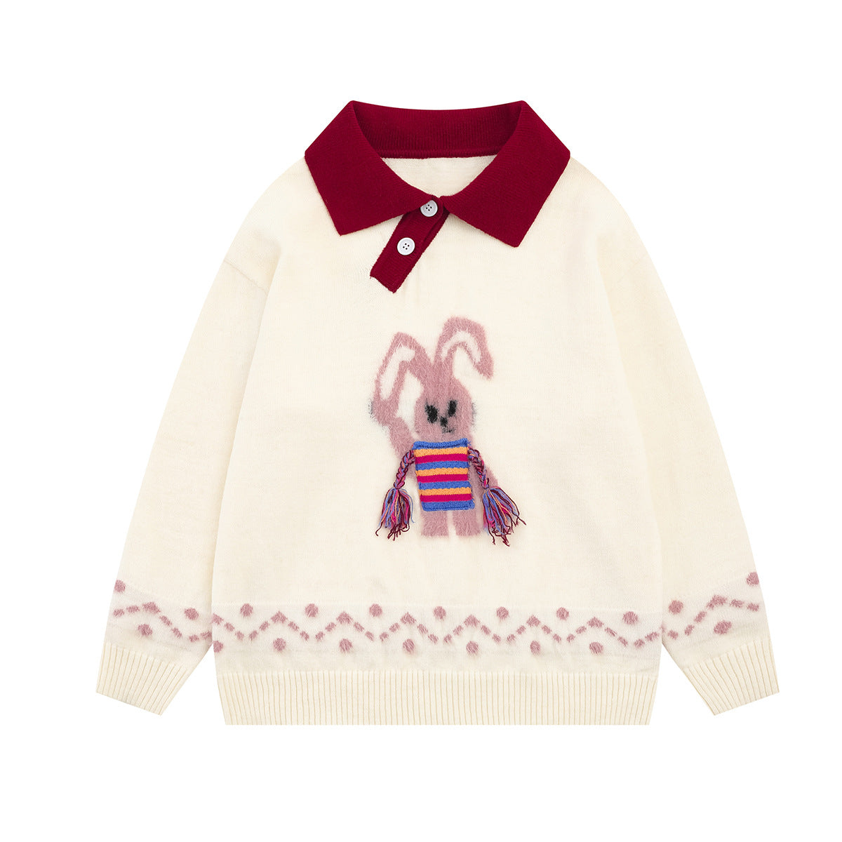 Cute Rabbit Jacquard Polo Collar Knit Sweater – Fluffy Bunny Graphic Pullover