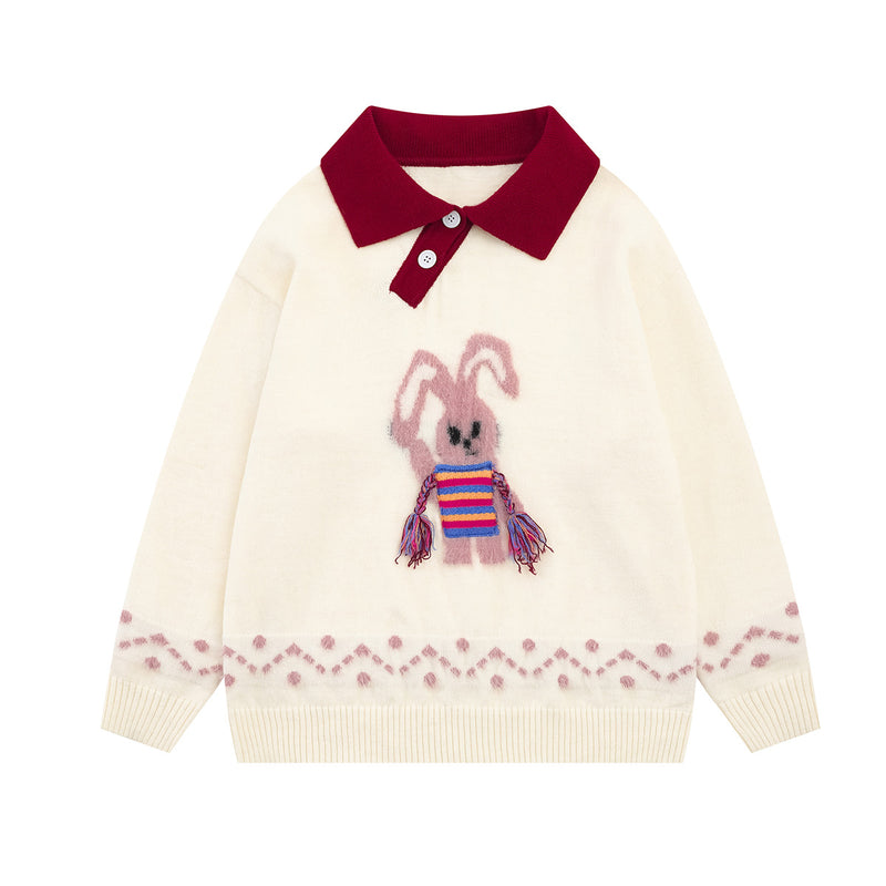 Cute Rabbit Jacquard Polo Collar Knit Sweater – Fluffy Bunny Graphic Pullover