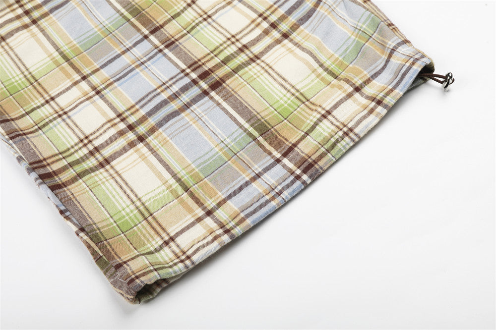 Plaid Wide-Leg Parachute Pants with Elastic Star Waistband & Drawstring Hem