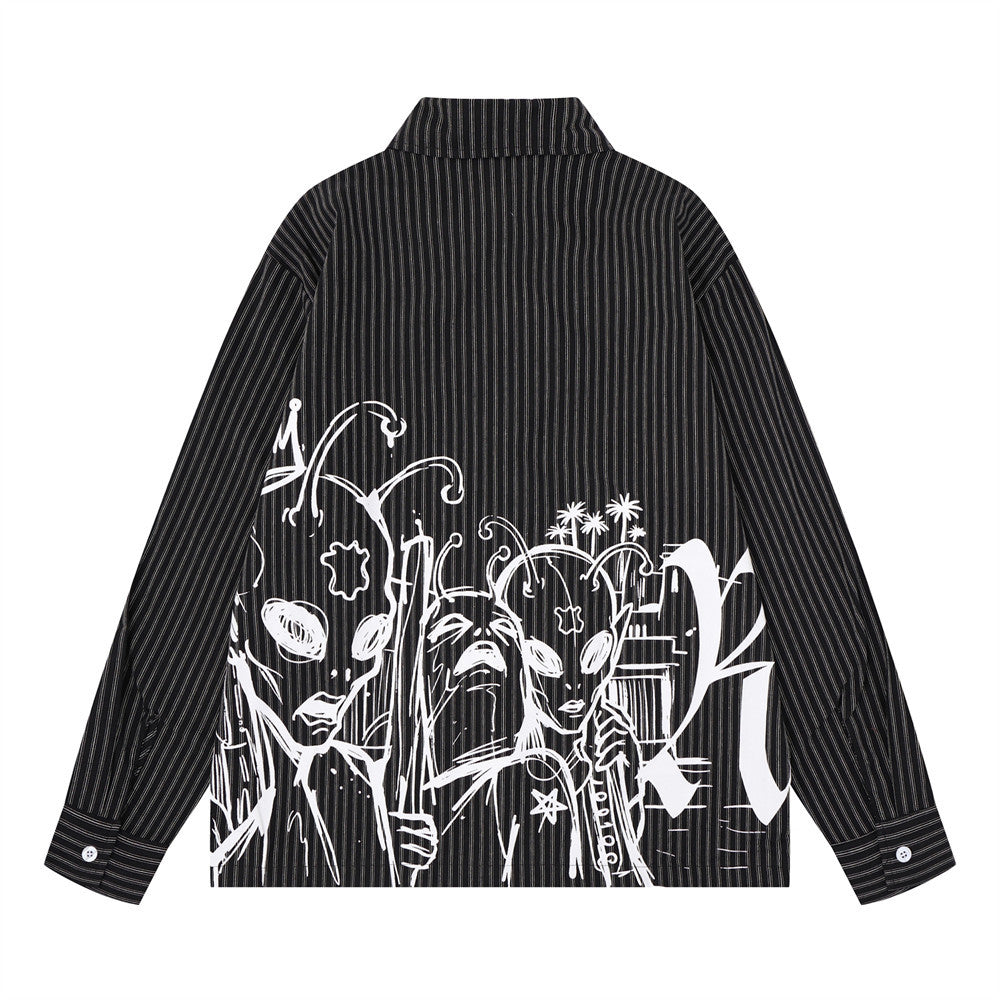 Red and White Striped Long Sleeve Shirt with Gothic Change Print & Graffiti Back