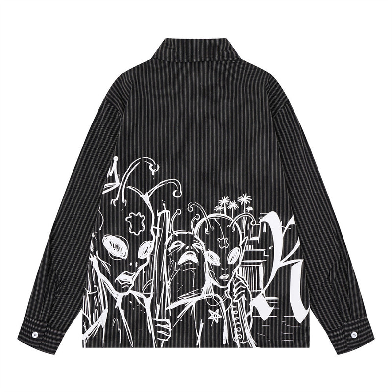 Red and White Striped Long Sleeve Shirt with Gothic Change Print & Graffiti Back