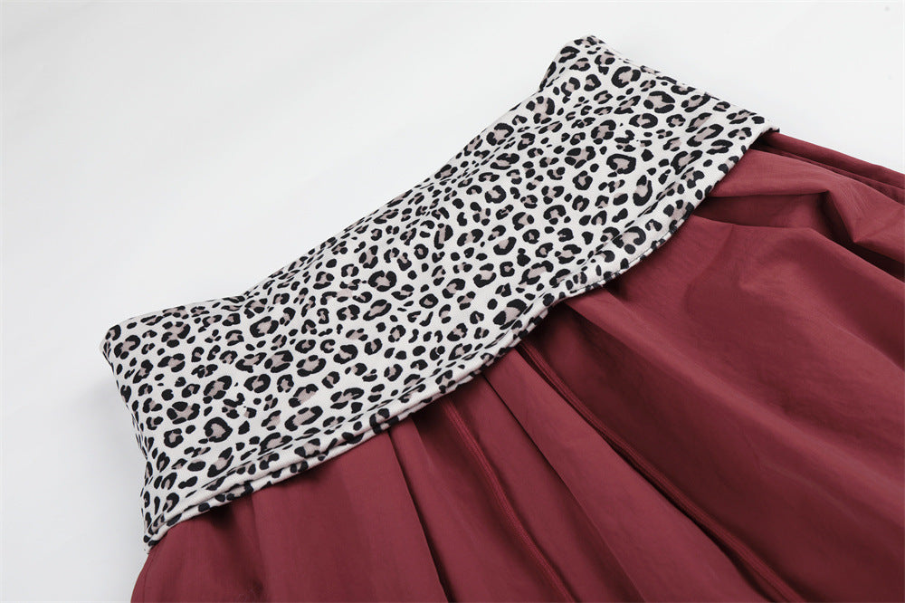 Wide-Leg Balloon Pants with Leopard Print Waistband & Drawstring Hem