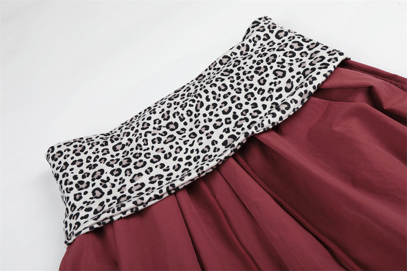 Wide-Leg Balloon Pants with Leopard Print Waistband & Drawstring Hem