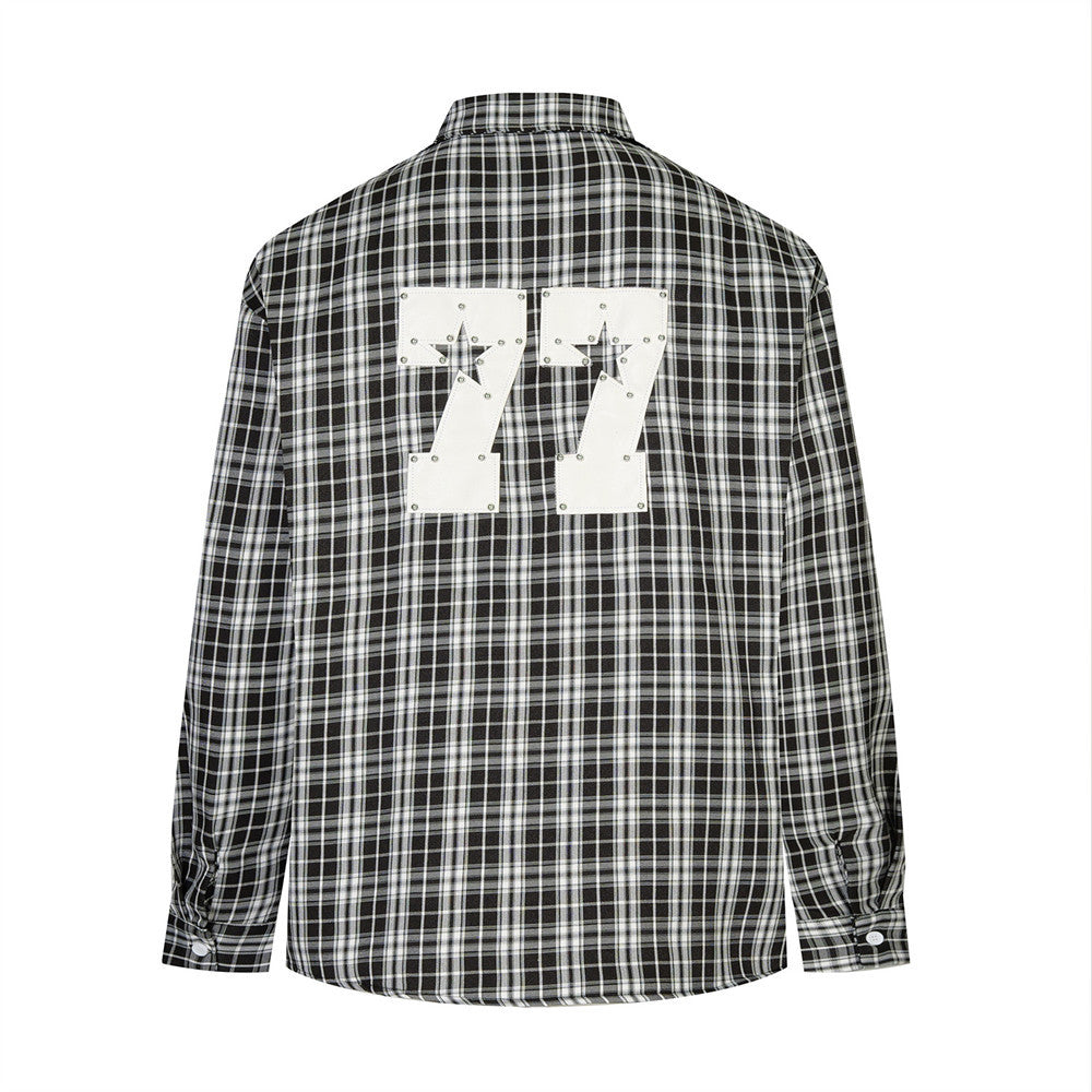 Men's Plaid Long Sleeve Shirt with LUCK Star Letter Patch