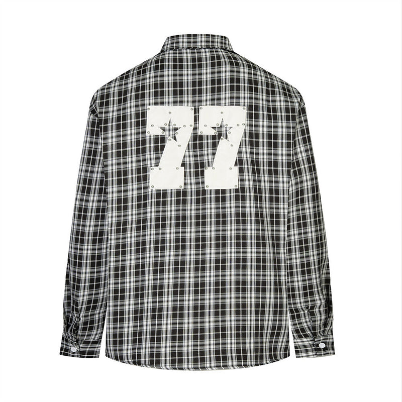 Men's Plaid Long Sleeve Shirt with LUCK Star Letter Patch