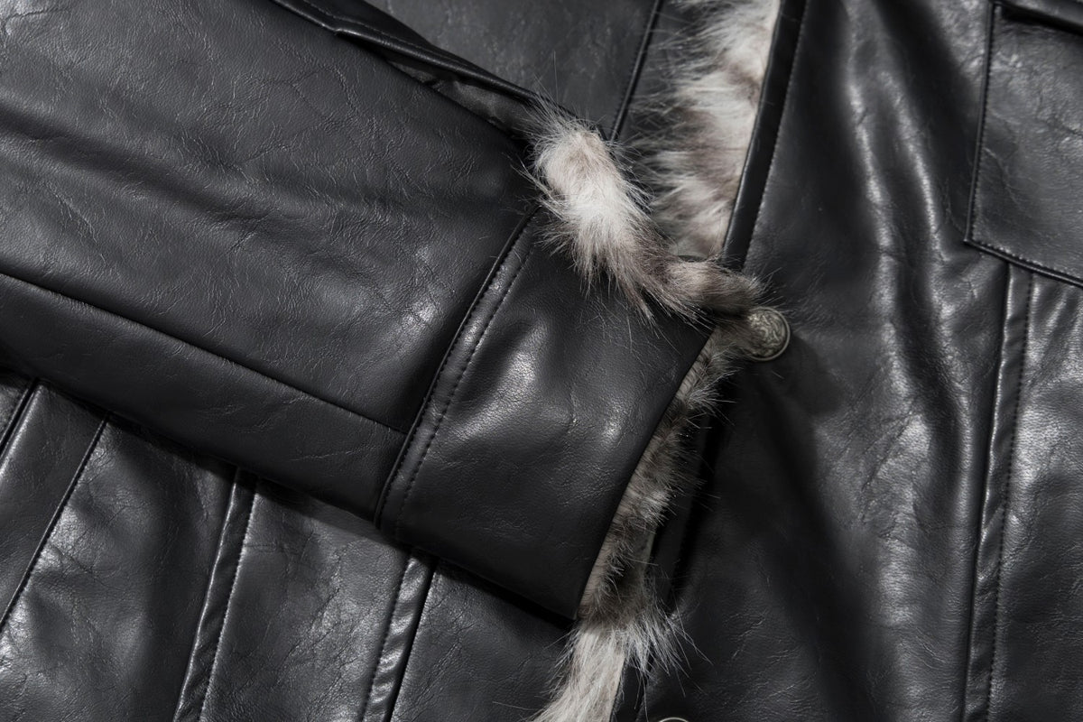 Black Faux Leather Biker Jacket with Faux Fur Collar & Lining