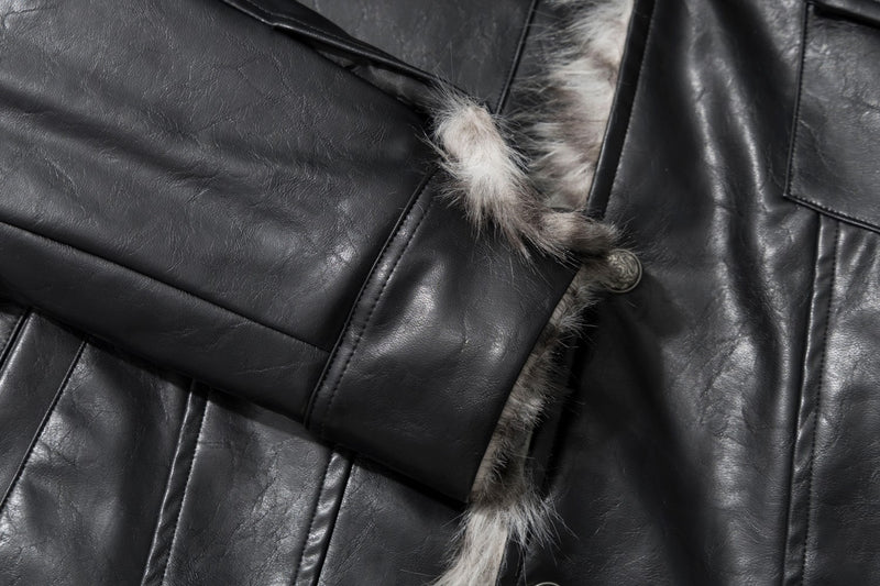 Black Faux Leather Biker Jacket with Faux Fur Collar & Lining
