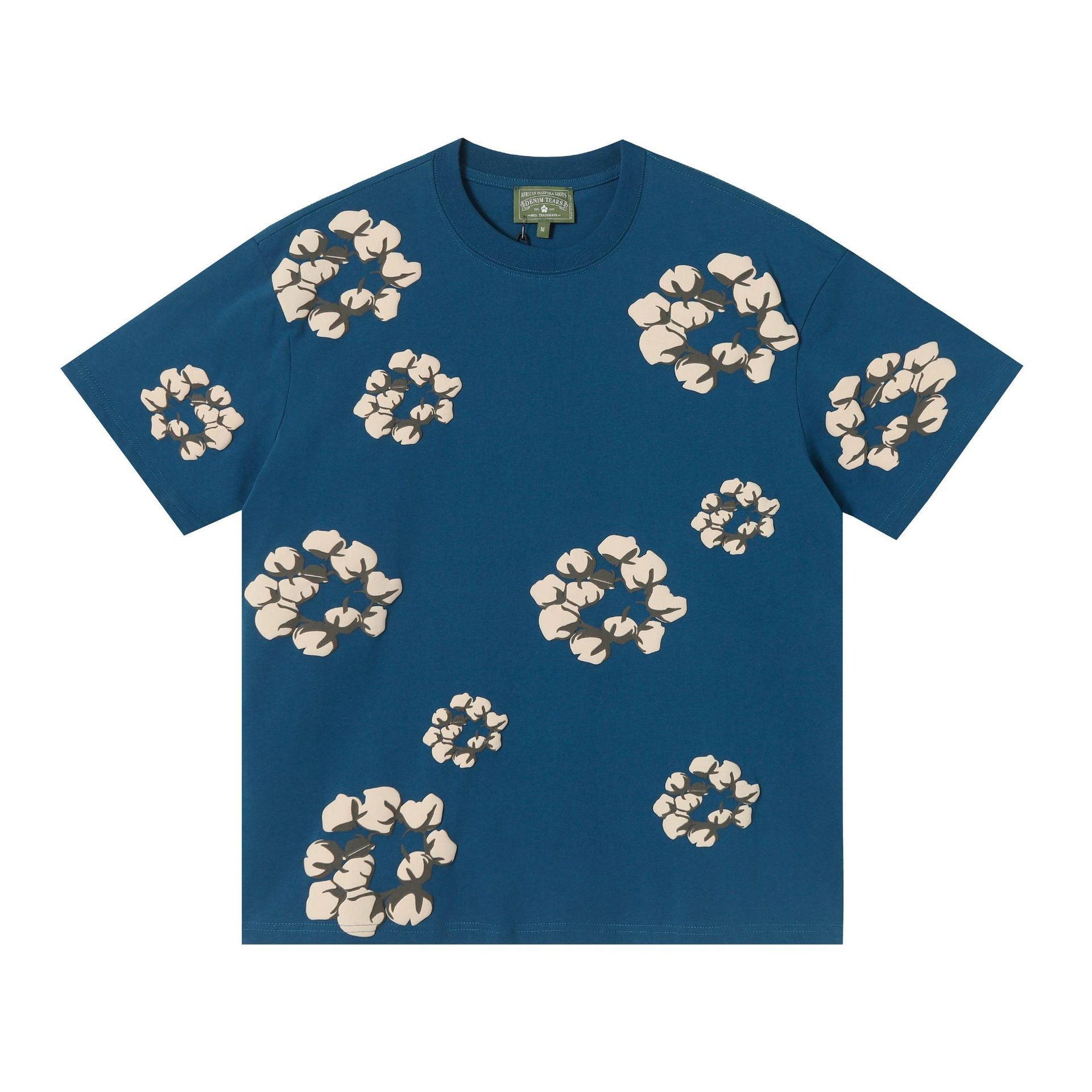 Denim Tears blue T-shirt with allover cream cotton wreath print on front and sleeves