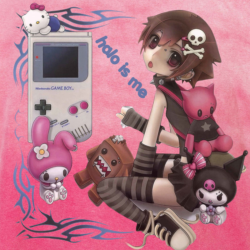 Anime Girl Graphic Acid Wash T-Shirt – Sanrio & Game Boy Print, Oversized Crew