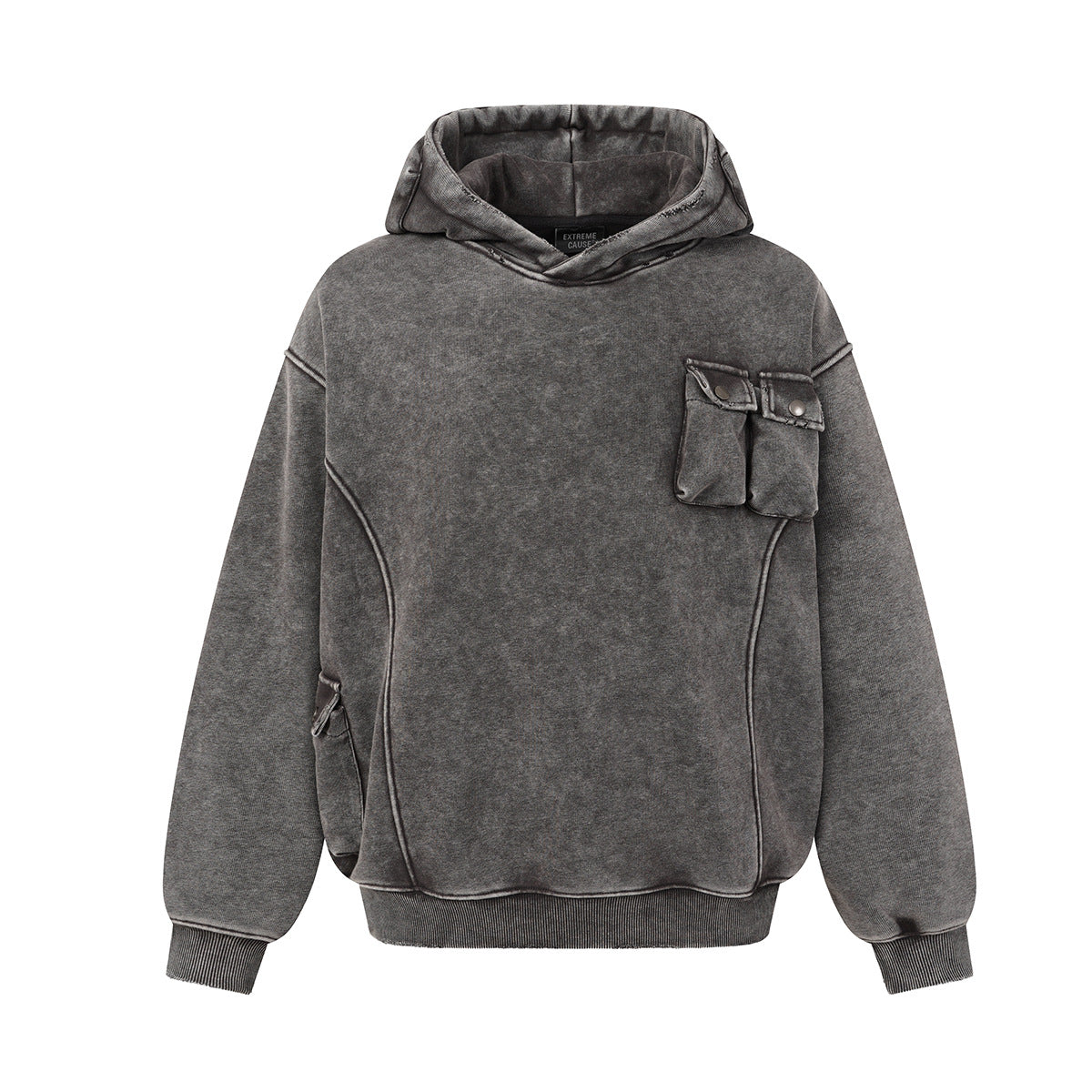 Oversized Acid Wash Hoodie with Cargo Chest Pocket – Heavy Fleece Pullover