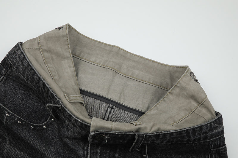 Baggy Double Knee Jeans – Dark Grey Wide-Leg Denim with Double Waistband &