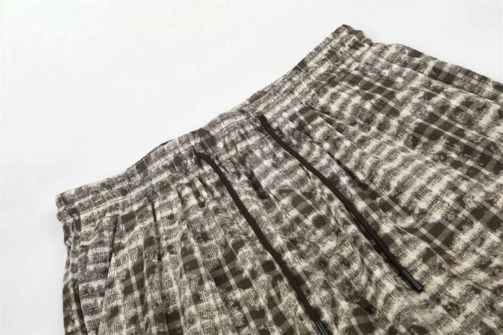 Brown Plaid Wide-Leg Pants – Distressed Tie-Dye Vintage Loose Straight Trousers