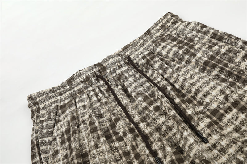 Brown Plaid Wide-Leg Pants – Distressed Tie-Dye Vintage Loose Straight Trousers