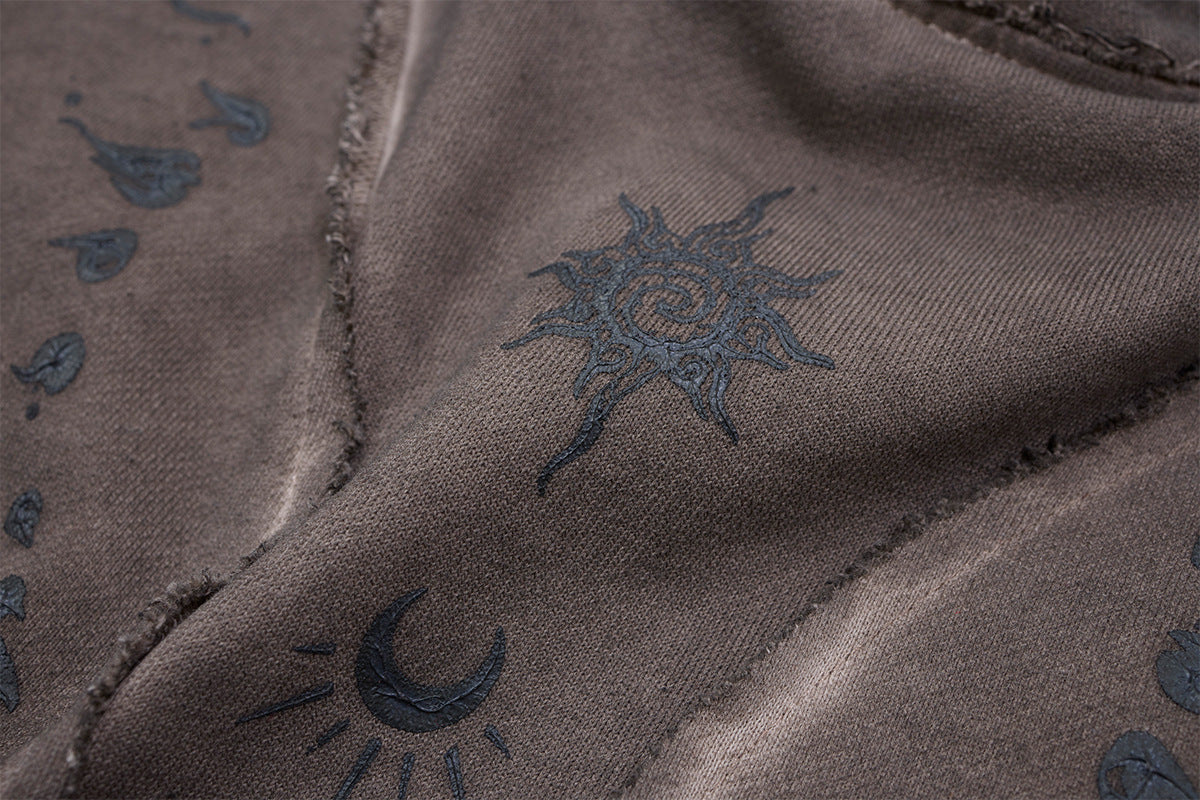 Long Sleeve Acid Wash Shirt with Celestial Print & Raw-Edge Seam Detail