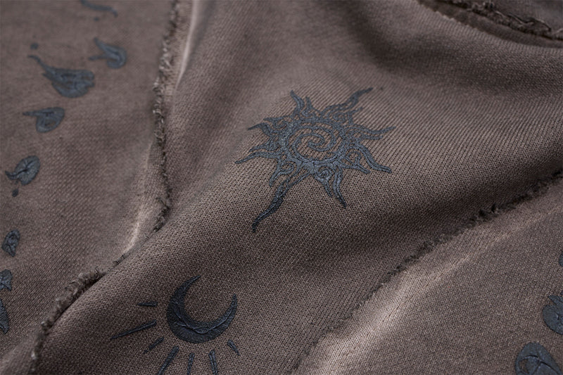 Long Sleeve Acid Wash Shirt with Celestial Print & Raw-Edge Seam Detail