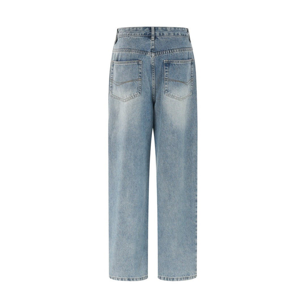 Back view of light blue wide-leg jeans with faded wash and straight legs