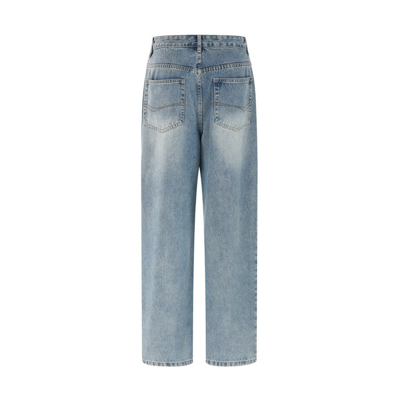 Back view of light blue wide-leg jeans with faded wash and straight legs