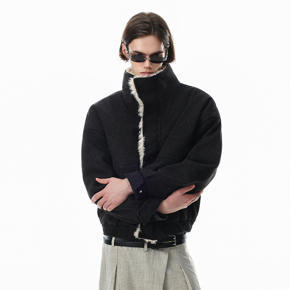 Men's Wool-Blend Sherpa-Lined Stand Collar Bomber Jacket