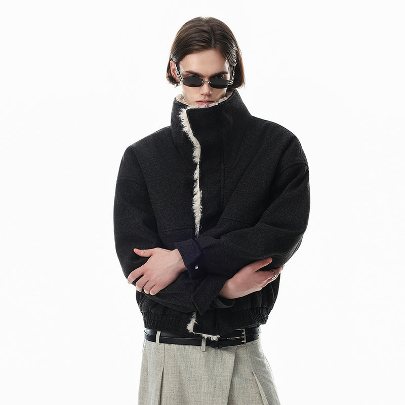 Men's Wool-Blend Sherpa-Lined Stand Collar Bomber Jacket