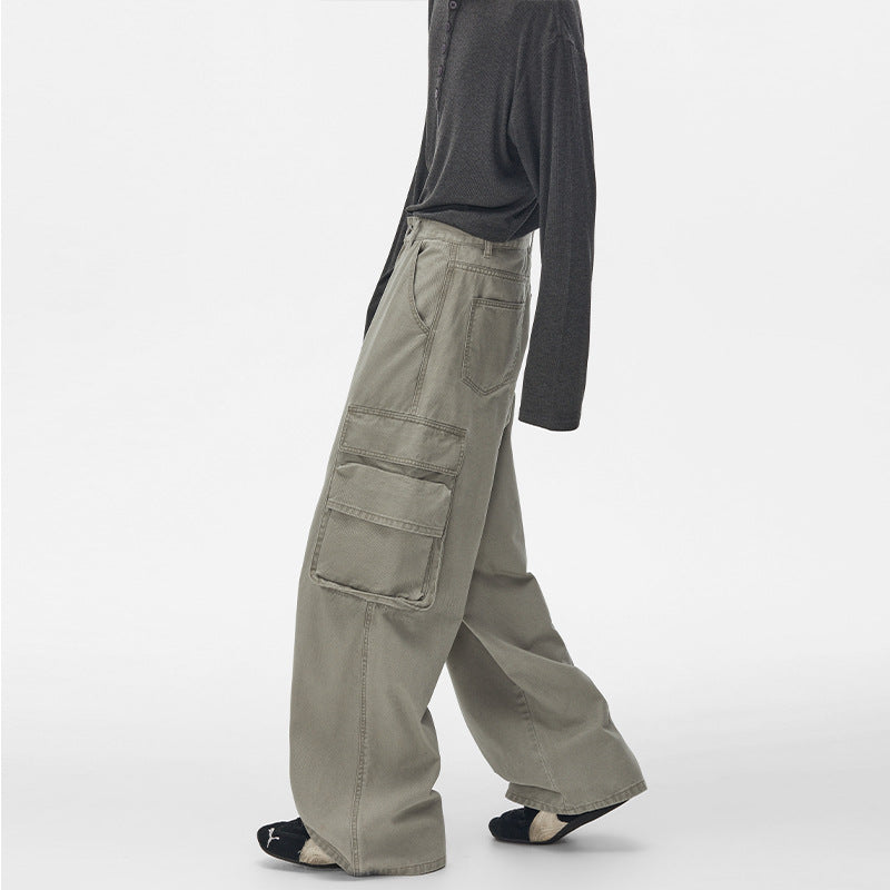 Pantalon cargo homme à jambes larges – Pantalon droit délavé à poches multiples
