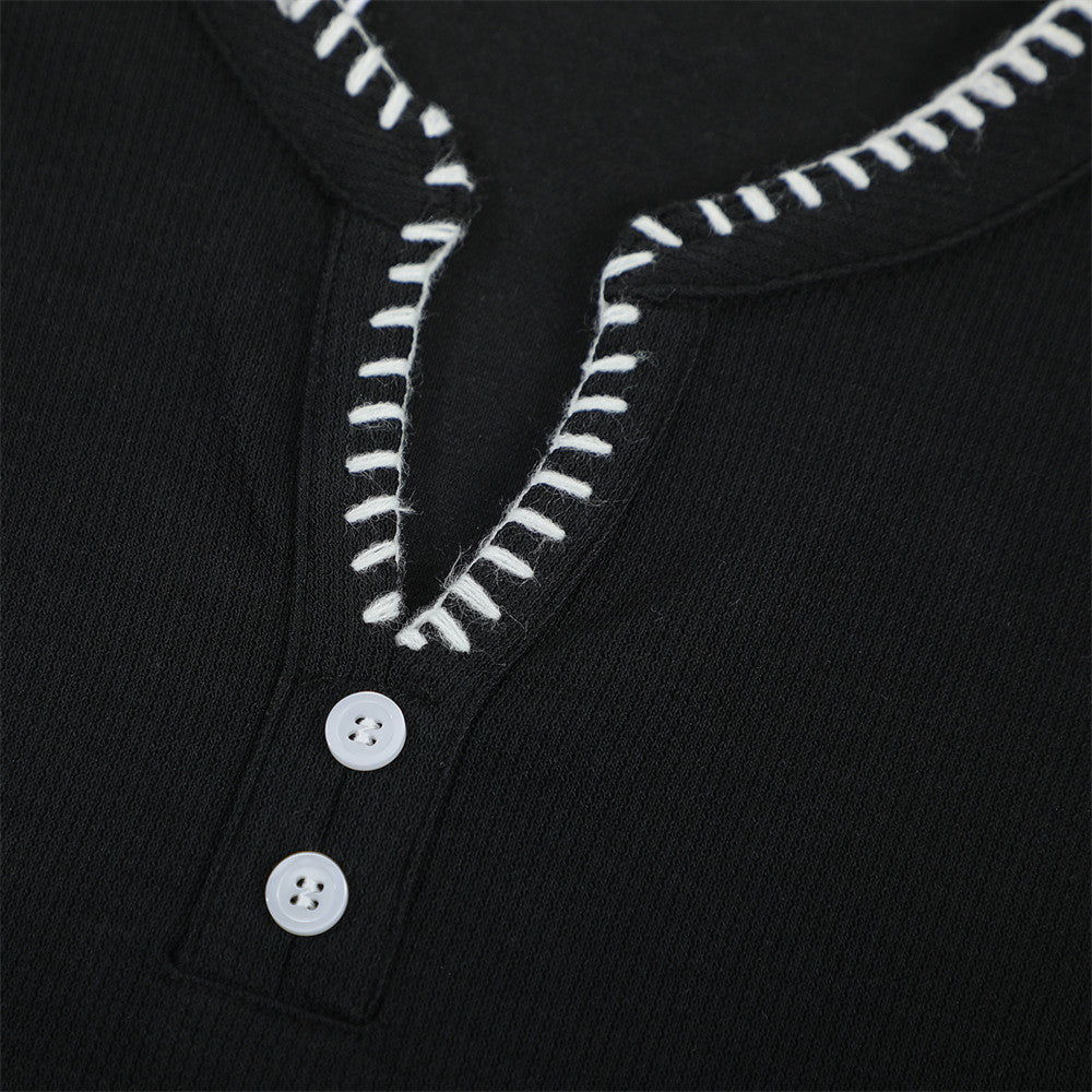 Men's Henley V-Neck Short Sleeve T-Shirt with Contrast Stitch Detail