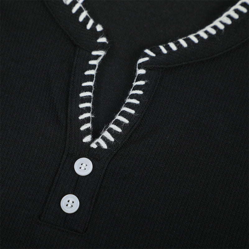 Men's Henley V-Neck Short Sleeve T-Shirt with Contrast Stitch Detail