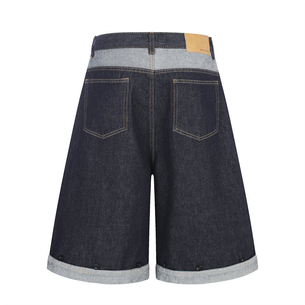 Men's Contrast Patchwork Denim Shorts Wide-Leg Button-Fly Bermuda