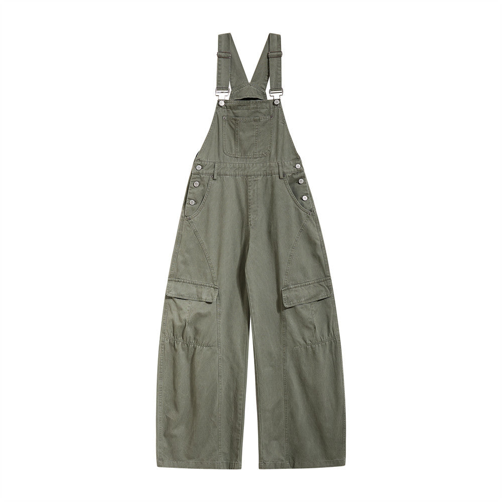 Baggy wide-leg cargo bib overalls with multi-pocket detailing in khaki and army green