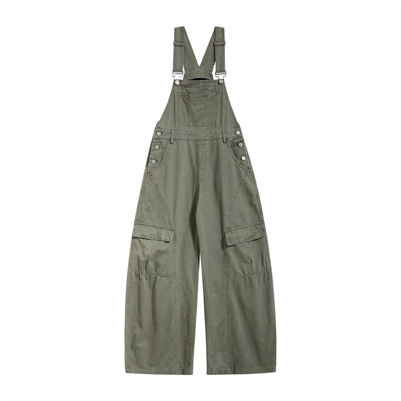 Baggy wide-leg cargo bib overalls with multi-pocket detailing in khaki and army green