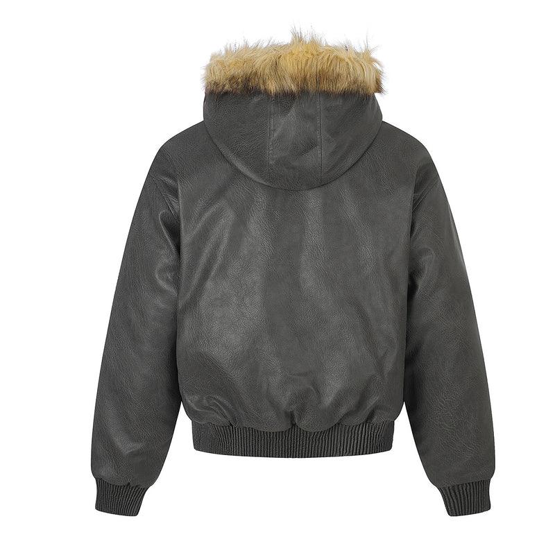 Leather Jacket Fur Collar Studded Hooded Bomber Jacket with Fleece Lining