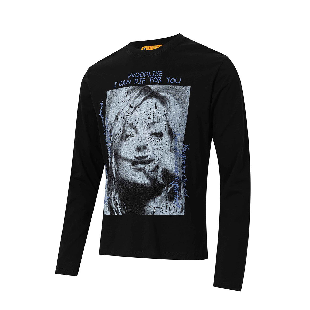 Schwarzes Langarmshirt mit Grafik, Used-Porträtprint und dem Slogan „Woodlise I Can Die For You“