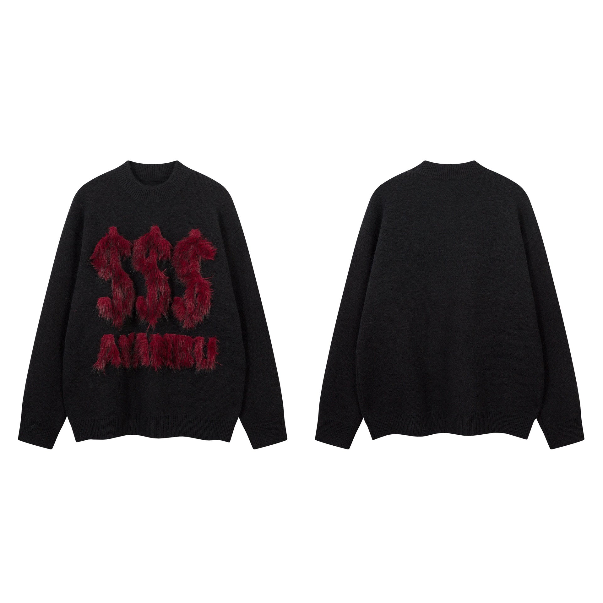 Pull gris à col rond – Maille oversize avec motif en fausse fourrure